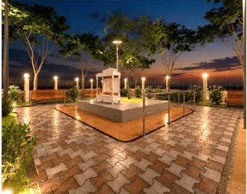 Illuminated temple plaza with paver block flooring