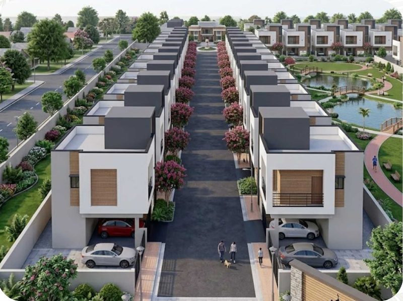 Aerial view of the villa rows and central landscaped avenue