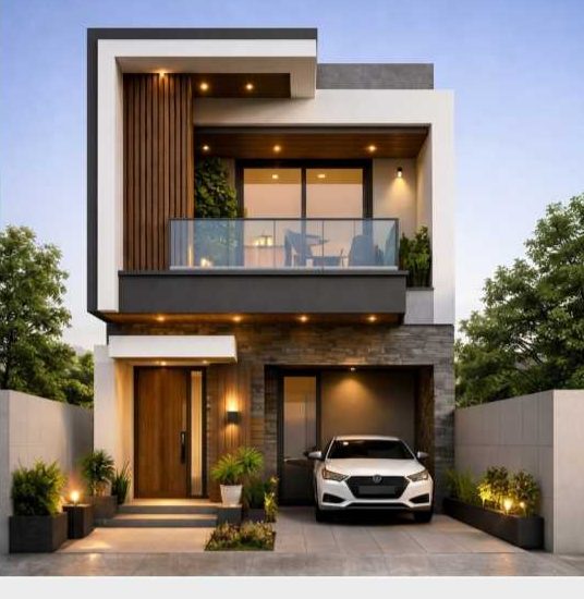 Villa elevation — stone and timber facade with covered parking